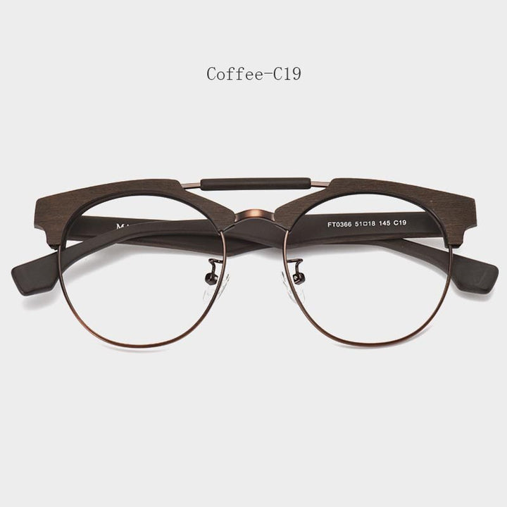 Hdcrafter Unisex Full Rim Round Wood Alloy Double Bridge Frame Eyeglasses Ft0366 Full Rim Hdcrafter Eyeglasses Coffee-C19