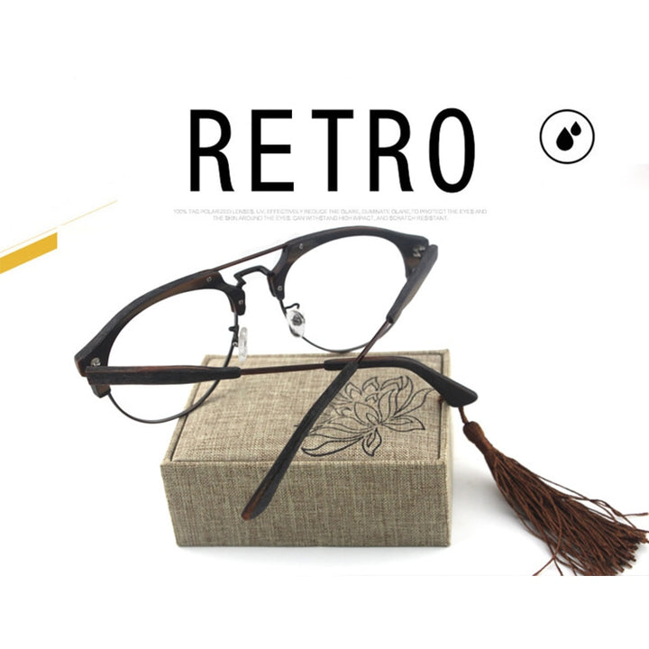 Hdcrafter Men's Full Rim Round Double Bridge Wood Metal Frame Eyeglasses 15144 Full Rim Hdcrafter Eyeglasses