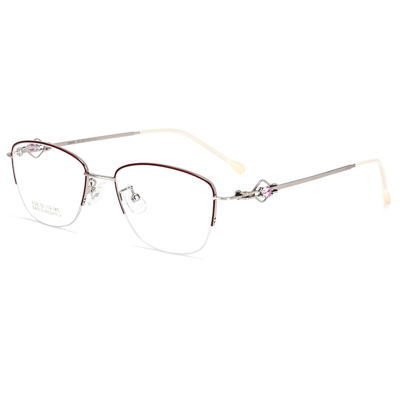 Women's Semi Rim Cat Eye Alloy Eyeglasses Hollow Temple Gm8022 Semi Rim Bclear Red silver