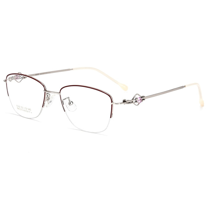 Women's Semi Rim Cat Eye Alloy Eyeglasses Hollow Temple Gm8022 Semi Rim Bclear Red silver