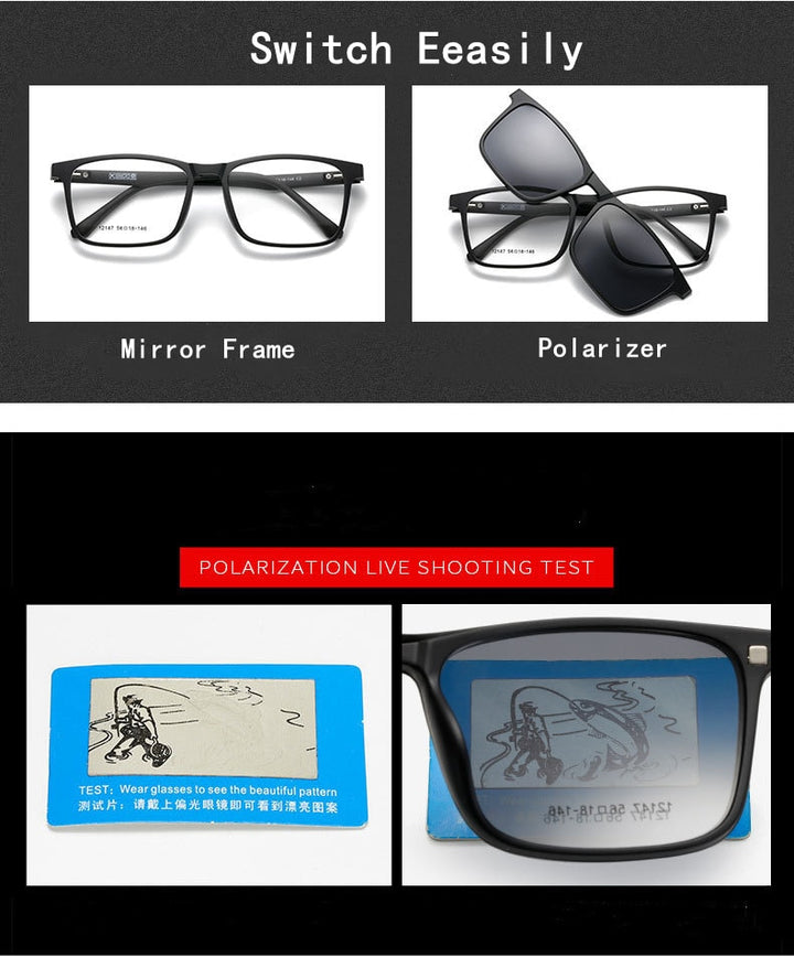 Yimaruili Unisex Full Rim Resin Frame Eyeglasses + 5 Polarized Magnetic Clip On Sunglasses 12147 With Clip Ons Yimaruili Eyeglasses