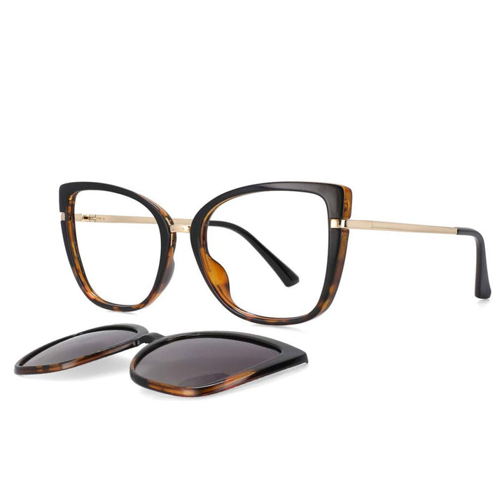 CCspace Unisex Full Rim Cat Eye Tr 90 Titanium Frame Eyeglasses Clip On Sunglasses 53752 With Clip Ons CCspace black-leopard