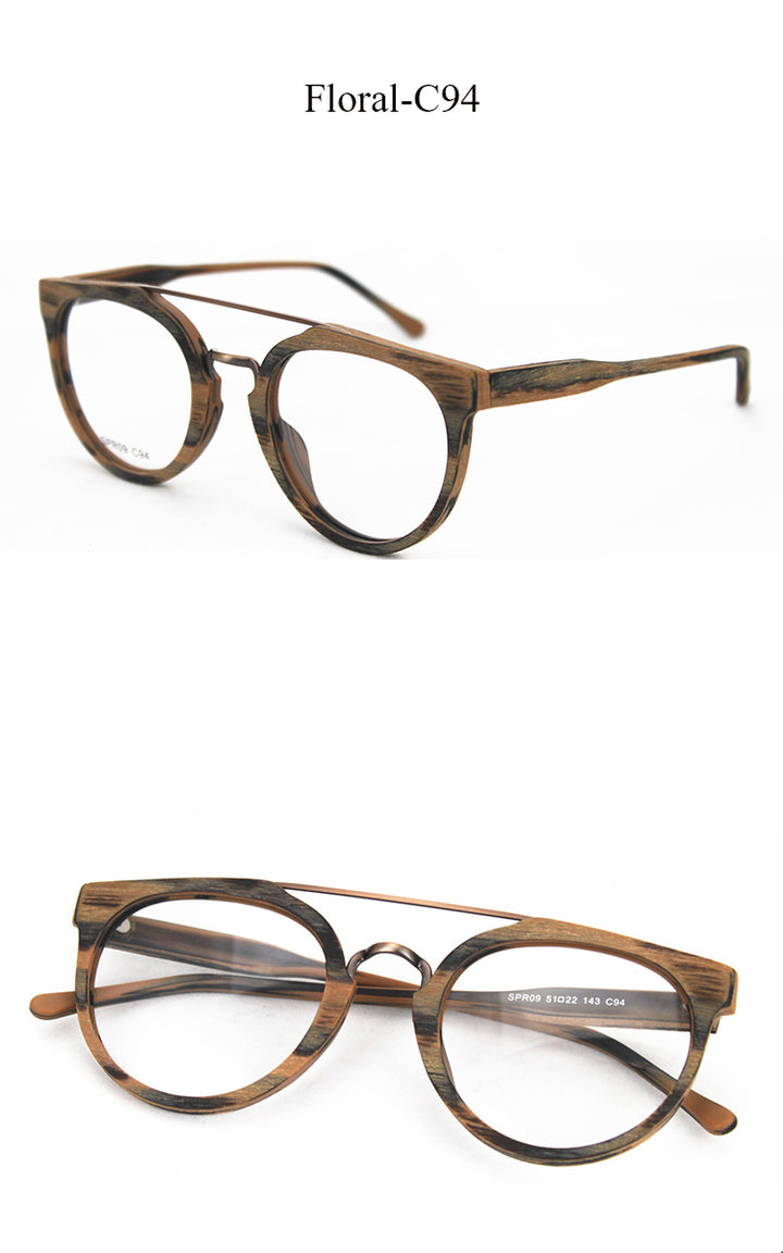 Hdcrafter Unisex Full Rim Round Wood Metal Acetate Double Bridge Frame Eyeglasses Spr09 Full Rim Hdcrafter Eyeglasses   