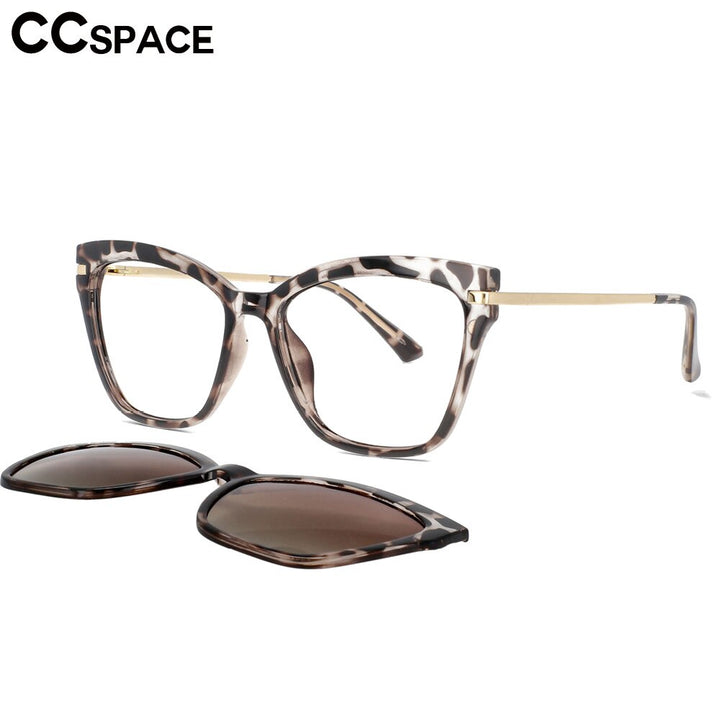 CCspace Unisex Full Rim Square Cat Eye Tr 90 Titanium Eyeglasses Clip On Sunglasses 53684 With Clip Ons CCspace