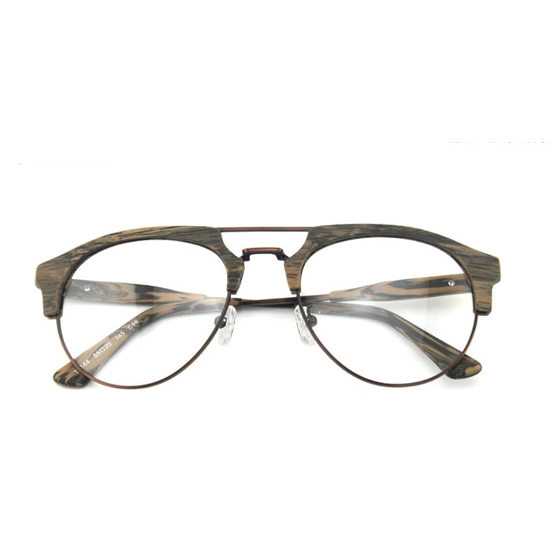 Hdcrafter Men's Full Rim Round Double Bridge Wood Metal Frame Eyeglasses 15144 Full Rim Hdcrafter Eyeglasses