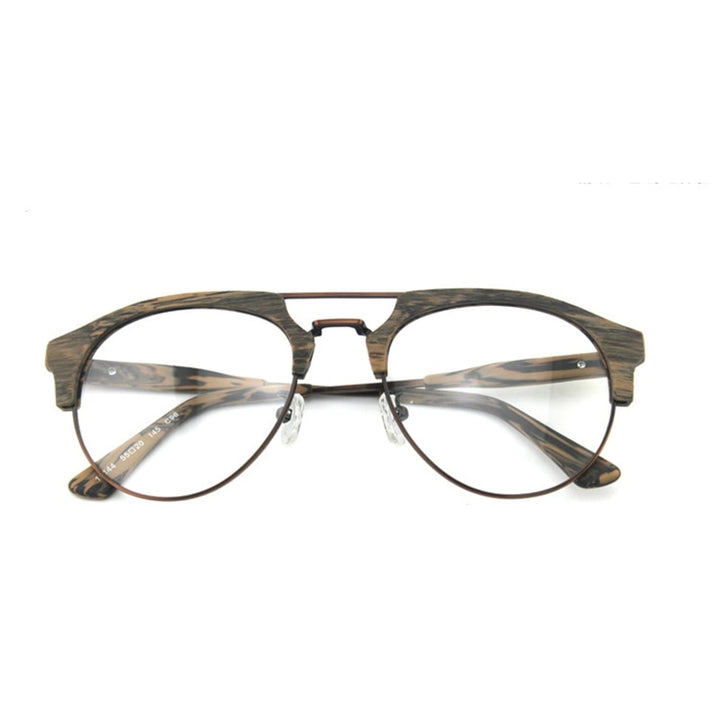 Hdcrafter Men's Full Rim Round Double Bridge Wood Metal Frame Eyeglasses 15144 Full Rim Hdcrafter Eyeglasses   