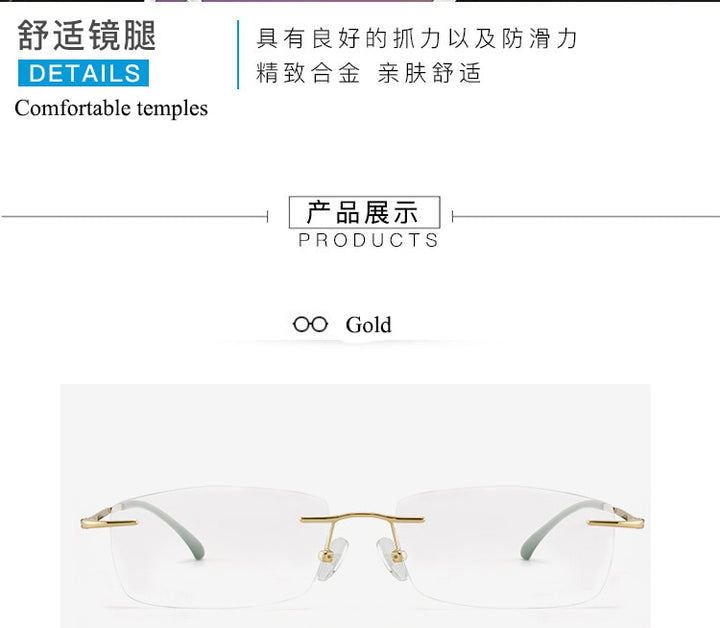 Men's Rimless Square Alloy Frame Eyeglasses Customizable Lenses Zt7053 Rimless Bclear