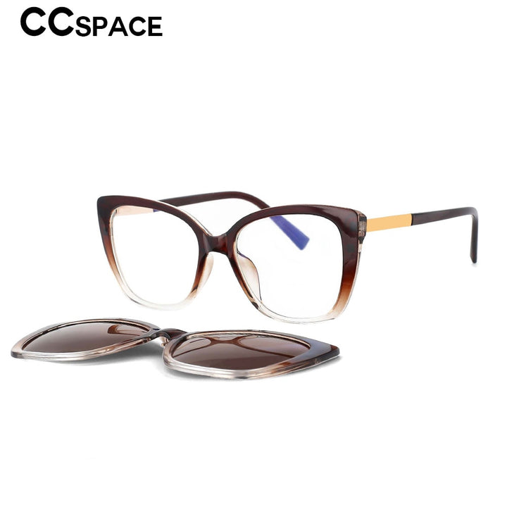 CCspace Unisex Full Rim Square Cat Eye Tr 90 Titanium Eyeglasses Clip On Sunglasses 53547 With Clip Ons CCspace