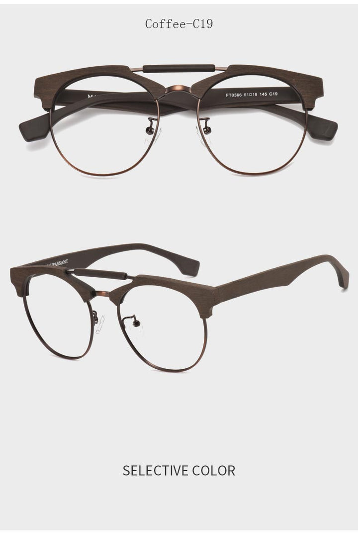 Hdcrafter Unisex Full Rim Round Wood Alloy Double Bridge Frame Eyeglasses Ft0366 Full Rim Hdcrafter Eyeglasses