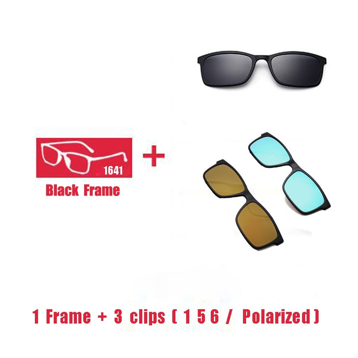 Oveliness Unisex Full Rim Square Tr 90 Titanium Eyeglasses Polarized Clip On Sunglasses 1641 With Clip Ons Oveliness 1F 3 clips 1 5 6
