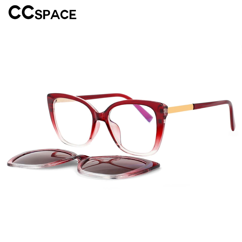 CCspace Unisex Full Rim Square Cat Eye Tr 90 Titanium Eyeglasses Clip On Sunglasses 53547 With Clip Ons CCspace