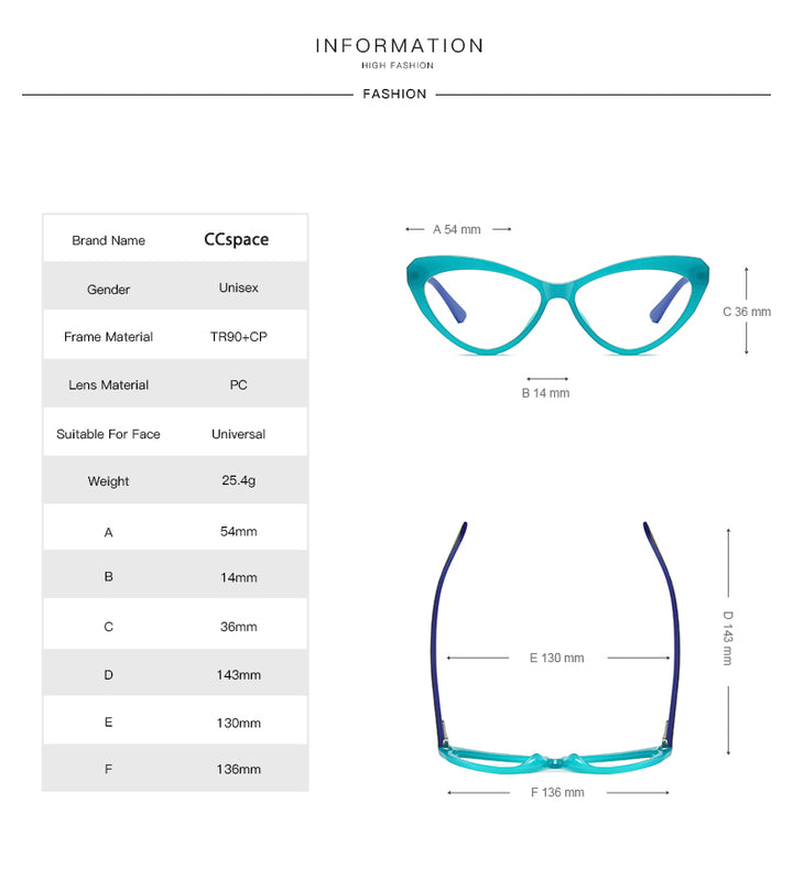CCspace Unisex Full Rim Cat Eye Tr 90 Titanium Frame Eyeglasses 47532 Full Rim CCspace