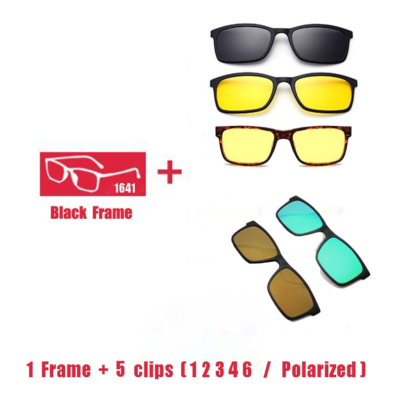 Oveliness Unisex Full Rim Square Tr 90 Titanium Eyeglasses Polarized Clip On Sunglasses 1641 With Clip Ons Oveliness 1F 5 clips 1 2 3 4 6