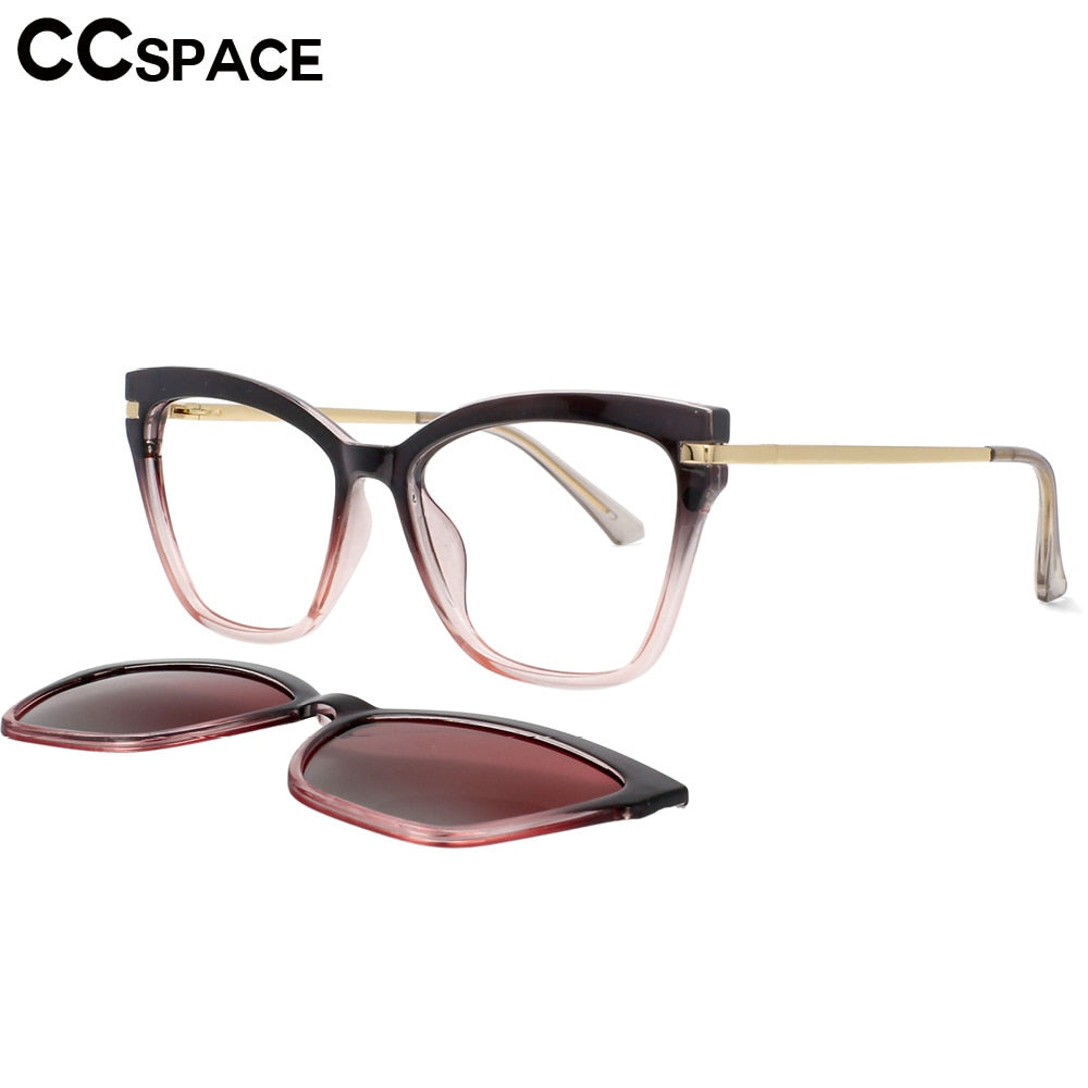 CCspace Unisex Full Rim Square Cat Eye Tr 90 Titanium Eyeglasses Clip On Sunglasses 53684 With Clip Ons CCspace