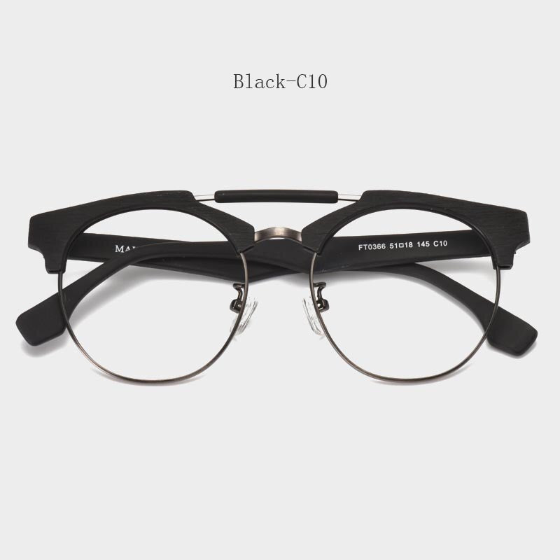 Hdcrafter Unisex Full Rim Round Wood Alloy Double Bridge Frame Eyeglasses Ft0366 Full Rim Hdcrafter Eyeglasses Black-C10