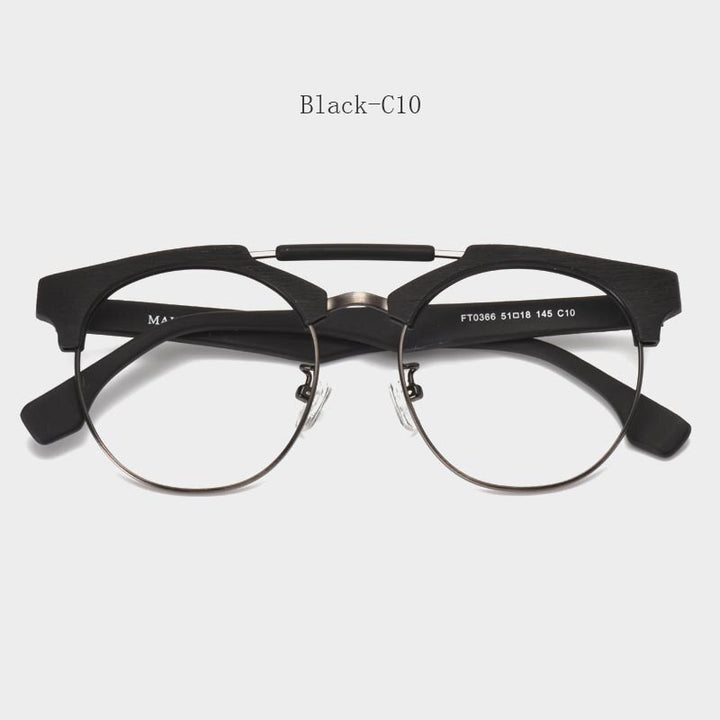 Hdcrafter Unisex Full Rim Round Wood Alloy Double Bridge Frame Eyeglasses Ft0366 Full Rim Hdcrafter Eyeglasses Black-C10