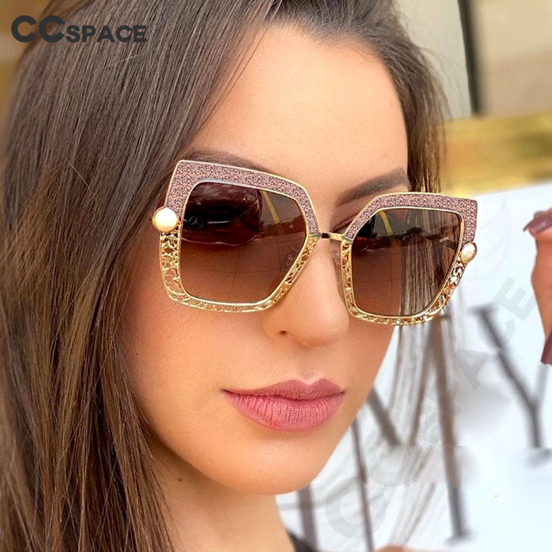 CCspace Women's Full Rim Square Cat Eye Hollow Pearl Alloy Frame Sunglasses 46548 Sunglasses CCspace Sunglasses