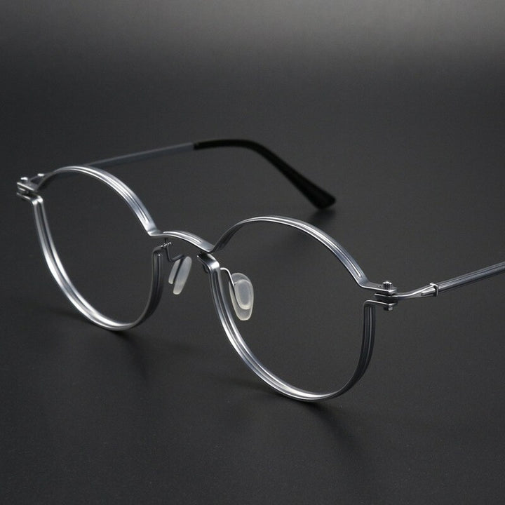 Muzz Unisex Full Rim Round Brushed Titanium Screwless Frame Eyeglasses Tav Full Rim Muzz Silver