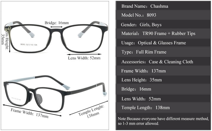 Chashma Ottica Children's Unisex Full Rim Square Tr 90 Titanium Eyeglasses 8093 Full Rim Chashma Ottica