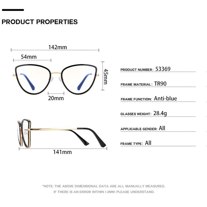 CCspace Women's Full Rim Cat Eyel Tr 90 Titanium Frame Eyeglasses 53369 Full Rim CCspace