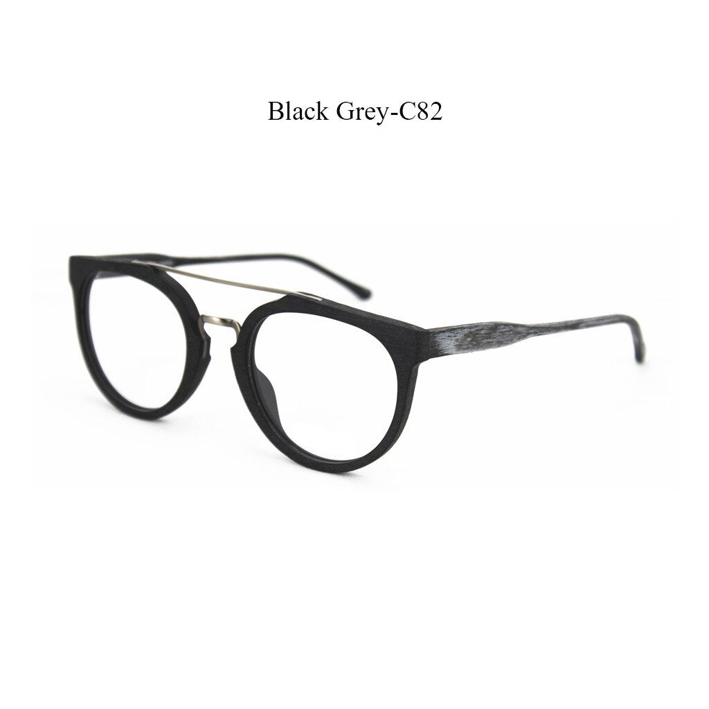 Hdcrafter Unisex Full Rim Round Wood Metal Acetate Double Bridge Frame Eyeglasses Spr09 Full Rim Hdcrafter Eyeglasses Black Grey-C82