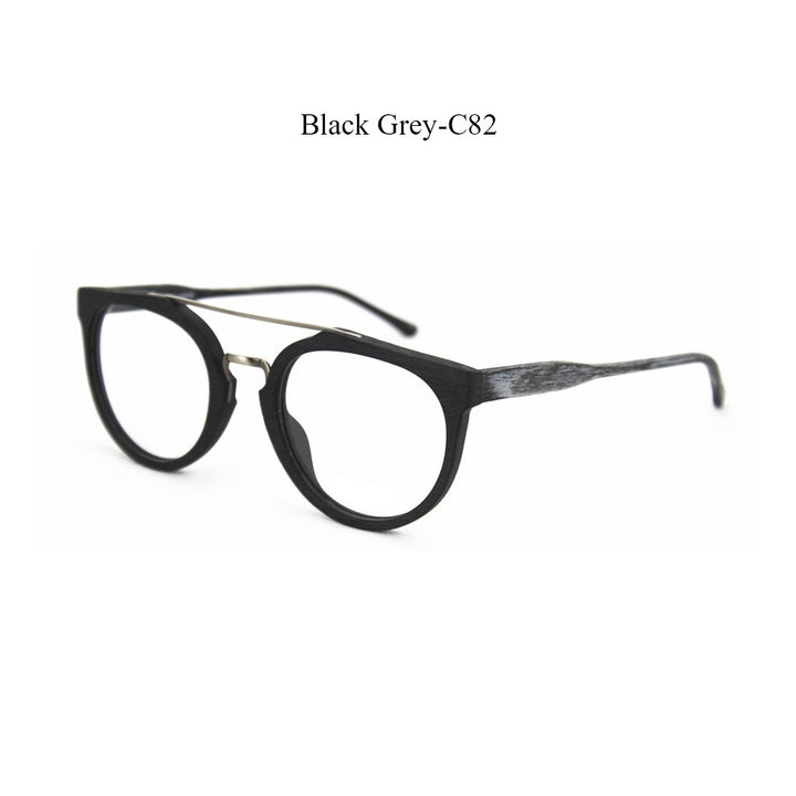 Hdcrafter Unisex Full Rim Round Wood Metal Acetate Double Bridge Frame Eyeglasses Spr09 Full Rim Hdcrafter Eyeglasses Black Grey-C82