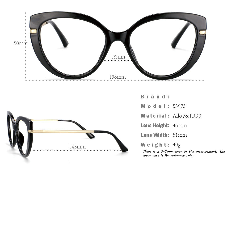 CCspace Unisex Full Rim Cat Eye Tr 90 Titanium Frame Eyeglasses Clip On Sunglasses 53673 With Clip Ons CCspace