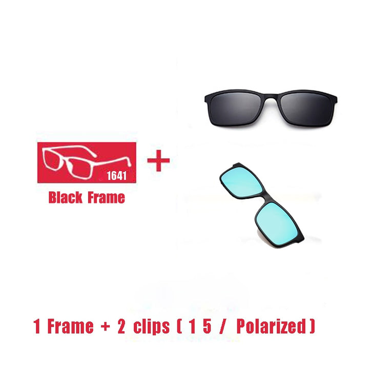 Oveliness Unisex Full Rim Square Tr 90 Titanium Eyeglasses Polarized Clip On Sunglasses 1641 With Clip Ons Oveliness 1F 2 clips 1 5