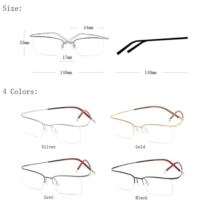 Hdcrafter Unisex Eyeglasses Rectangle Titanium Semi Rim 9256 Rimless Hdcrafter Eyeglasses