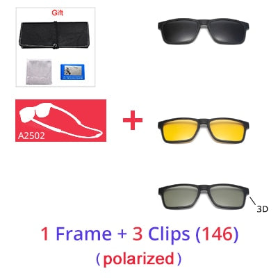 Ralferty Unisex Square Eyeglasses With Clip On Sunglasses With Clip Ons Ralferty 1Frame 3 Clips 146 Full black frame