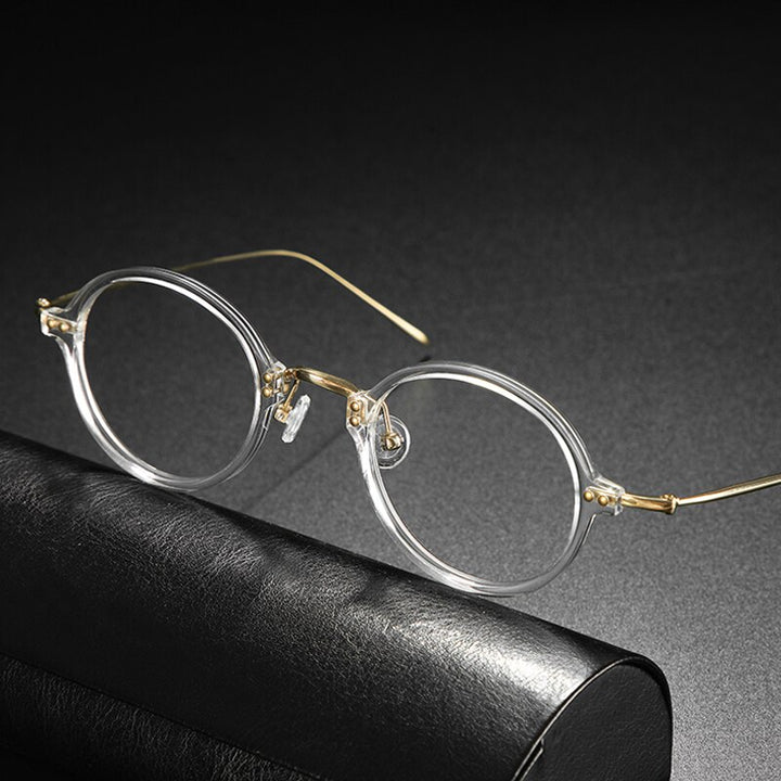 Gatenac Unisex Full Rim Round Acetate Titanium Frame Eyeglasses Gxyj546 Full Rim Gatenac Transparent Gold