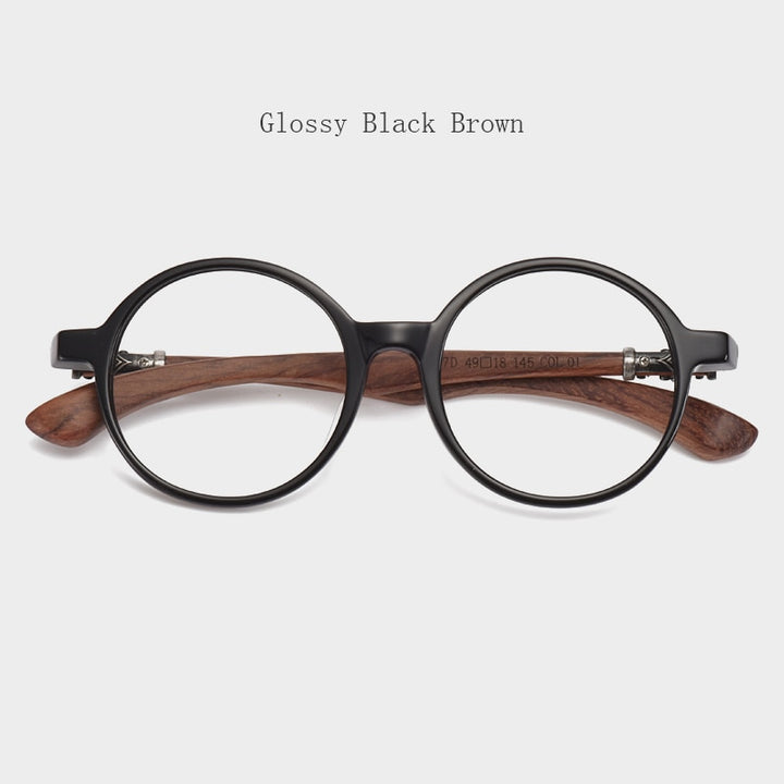 Hdcrafter Unisex Full Rim Round Wood Frame Eyeglasses 5607 Full Rim Hdcrafter Eyeglasses Glossy Black Brown