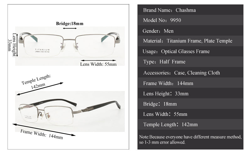 Chashma Ochki Men's Semi Rim Rectangle Titanium Eyeglasses 9910 Semi Rim Chashma Ochki