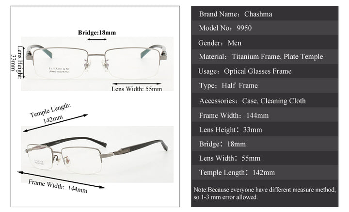 Chashma Ochki Men's Semi Rim Rectangle Titanium Eyeglasses 9910 Semi Rim Chashma Ochki
