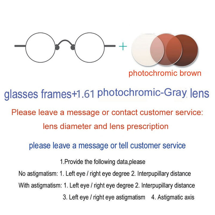 Yujo Unisex Full Rim Small Round Stainless Steel Eyeglasses Y019 Full Rim Yujo 1.61 Index Single Vision Photochromic Brown China