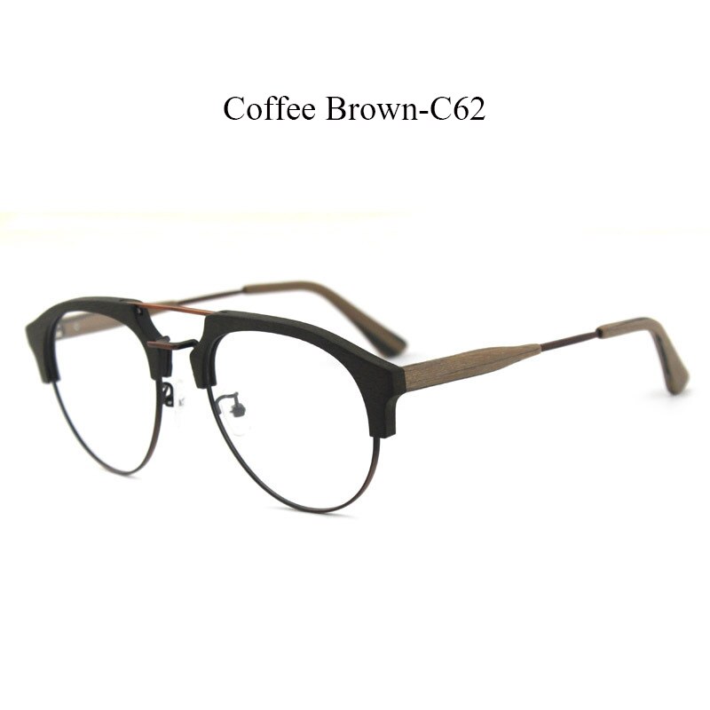 Hdcrafter Men's Full Rim Round Double Bridge Wood Metal Frame Eyeglasses 15144 Full Rim Hdcrafter Eyeglasses C62