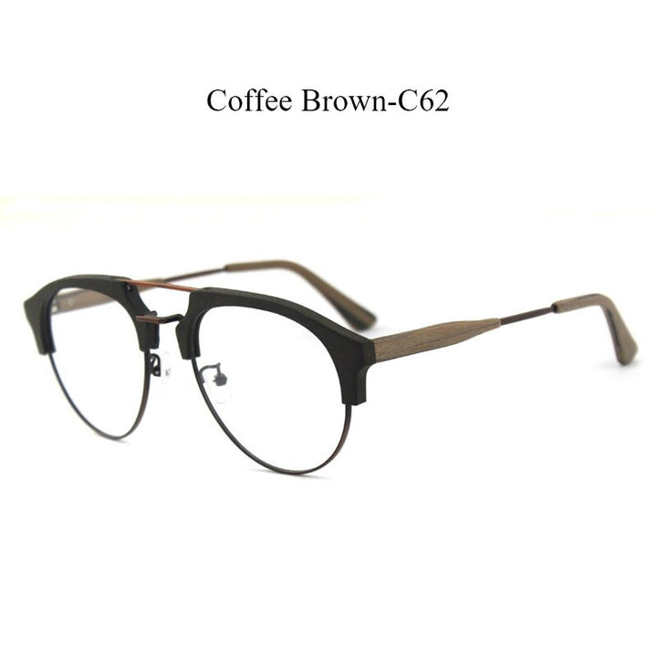 Hdcrafter Men's Full Rim Round Double Bridge Wood Metal Frame Eyeglasses 15144 Full Rim Hdcrafter Eyeglasses C62