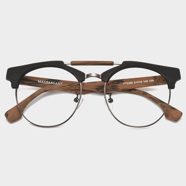 Hdcrafter Unisex Full Rim Round Wood Alloy Double Bridge Frame Eyeglasses Ft0366 Full Rim Hdcrafter Eyeglasses