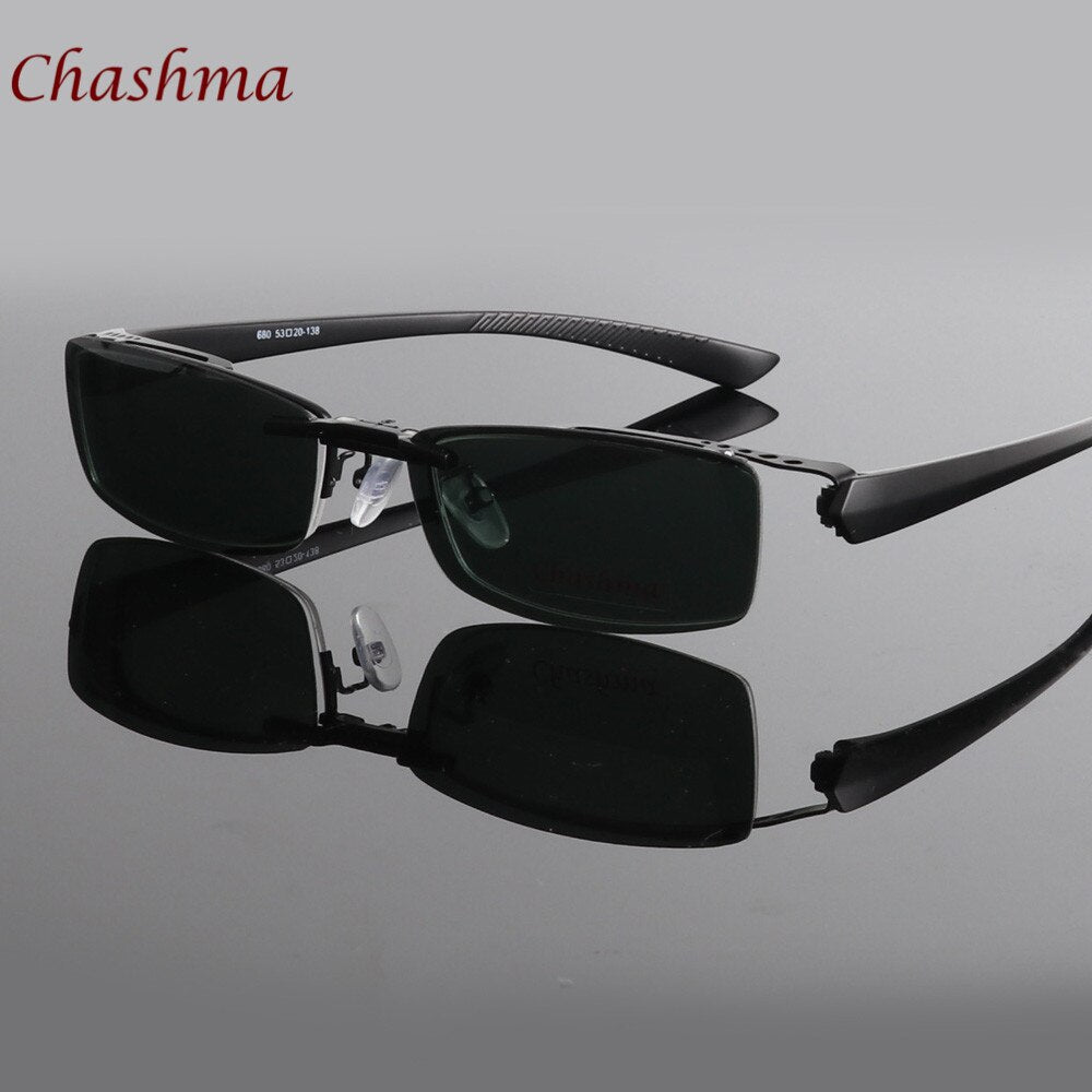 Chashma Ochki Men's Semi Rim Rectangle Alloy Eyeglasses Clip On Polarized Sunglasses 680 With Clip Ons Chashma Ochki