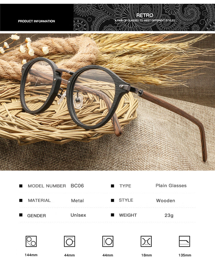 Hdcrafter Unisex Full Round Rim Wood Alloy Eyeglasses Bc06 Full Rim Hdcrafter Eyeglasses