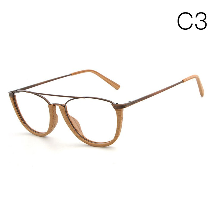 Hdcrafter Unisex Full Rim Round Double Bridge Wood Metal Frame Eyeglasses Hb032 Full Rim Hdcrafter Eyeglasses C3