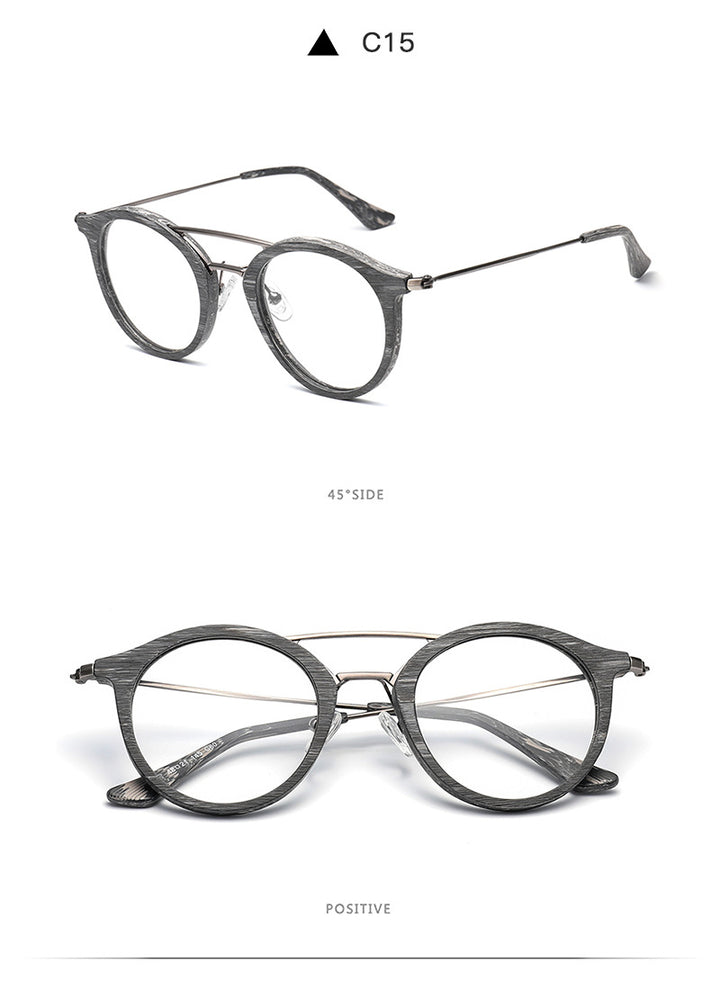 Hdcrafter Unisex Full Rim Round Wood Alloy Double Bridge Eyeglasses 4821 Full Rim Hdcrafter Eyeglasses