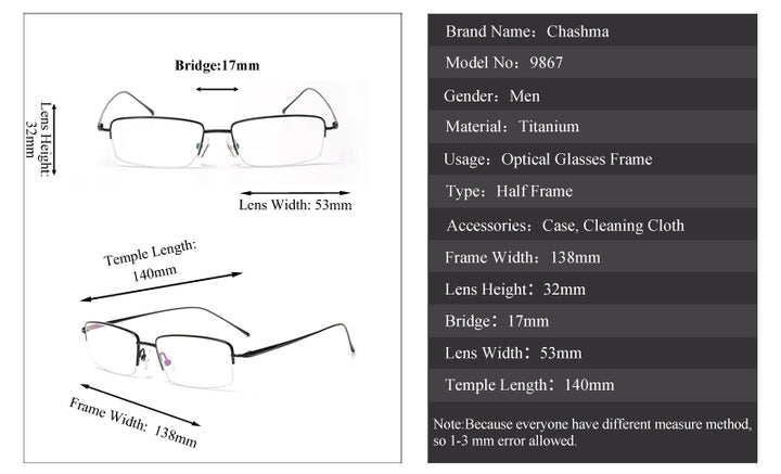Chashma Ochki Men's Semi Rim Square Titanium Eyeglasses 9867 Semi Rim Chashma Ochki