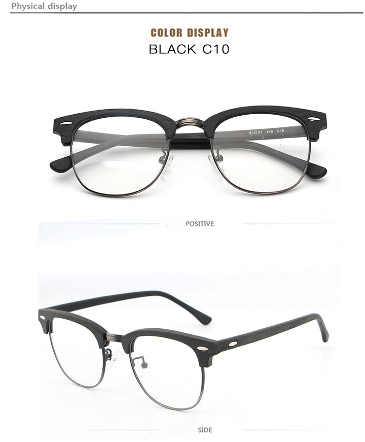Hdcrafter Unisex Full Rim Round Half Wood Metal Frame Eyeglasses Full Rim Hdcrafter Eyeglasses