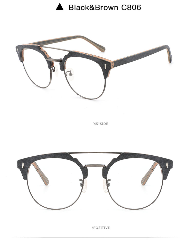 Hdcrafter Unisex Full Rim Round Wood Metal Frame Eyeglasses Bc01 Full Rim Hdcrafter Eyeglasses   