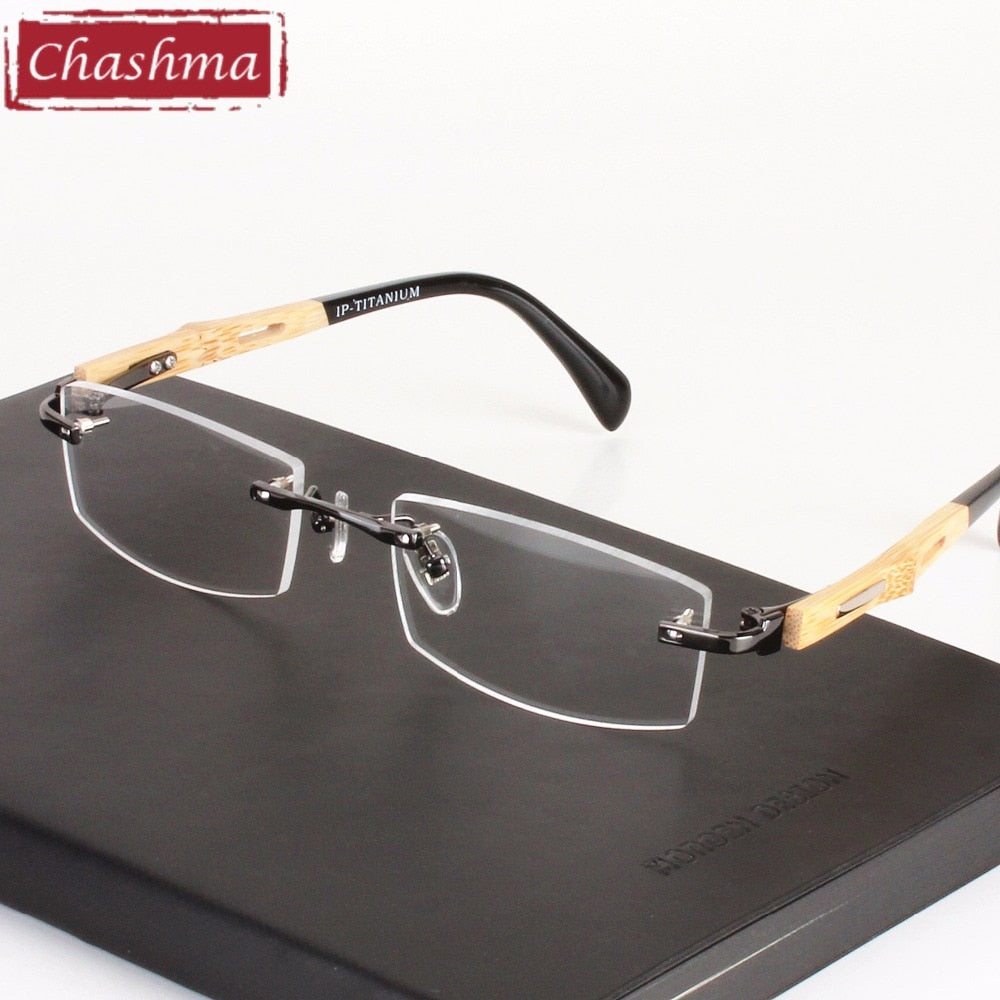Chashma Men's Rimless Square Titanium Bamboo Eyeglasses R866 Rimless Chashma