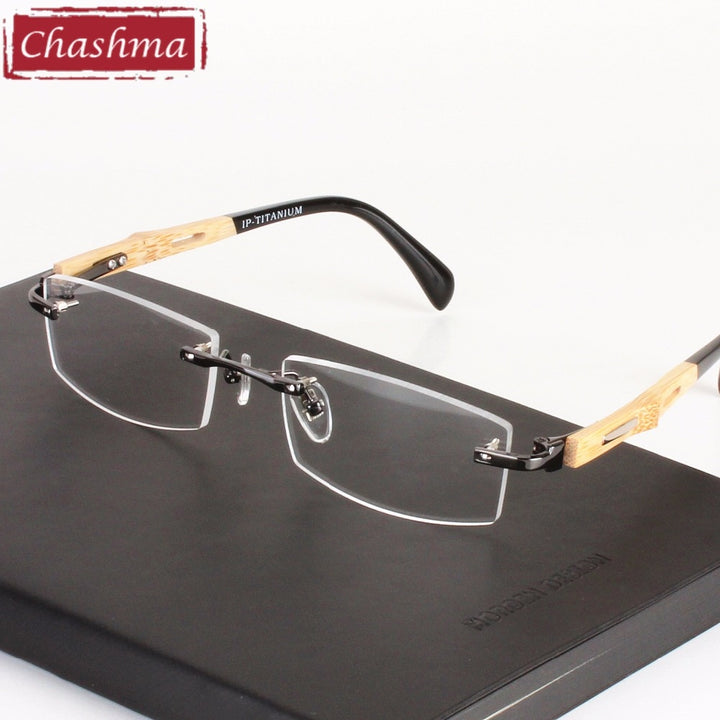 Chashma Men's Rimless Square Titanium Bamboo Eyeglasses R866 Rimless Chashma