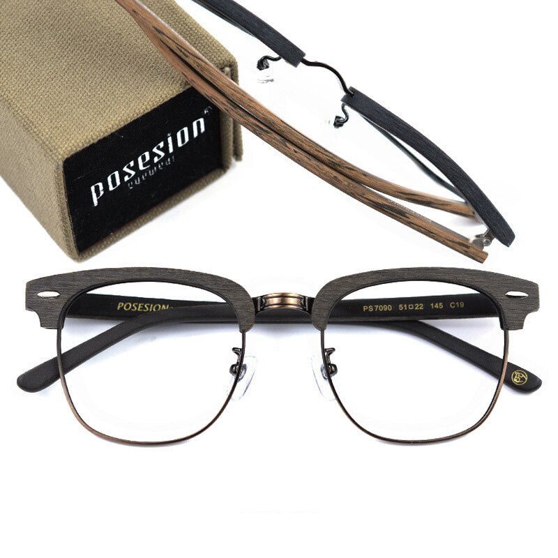 Hdcrafter Unisex Full Rim Round Metal Wood Frame Eyeglasses Ps7090 Full Rim Hdcrafter Eyeglasses   