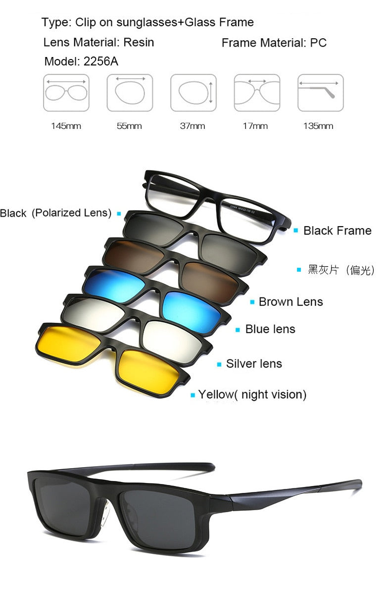 Unisex 5 Piece Clip On Sunglasses Polarized Magnetic Eyeglasses Sn2201-32 Clip On Sunglasses Brightzone 2256A  
