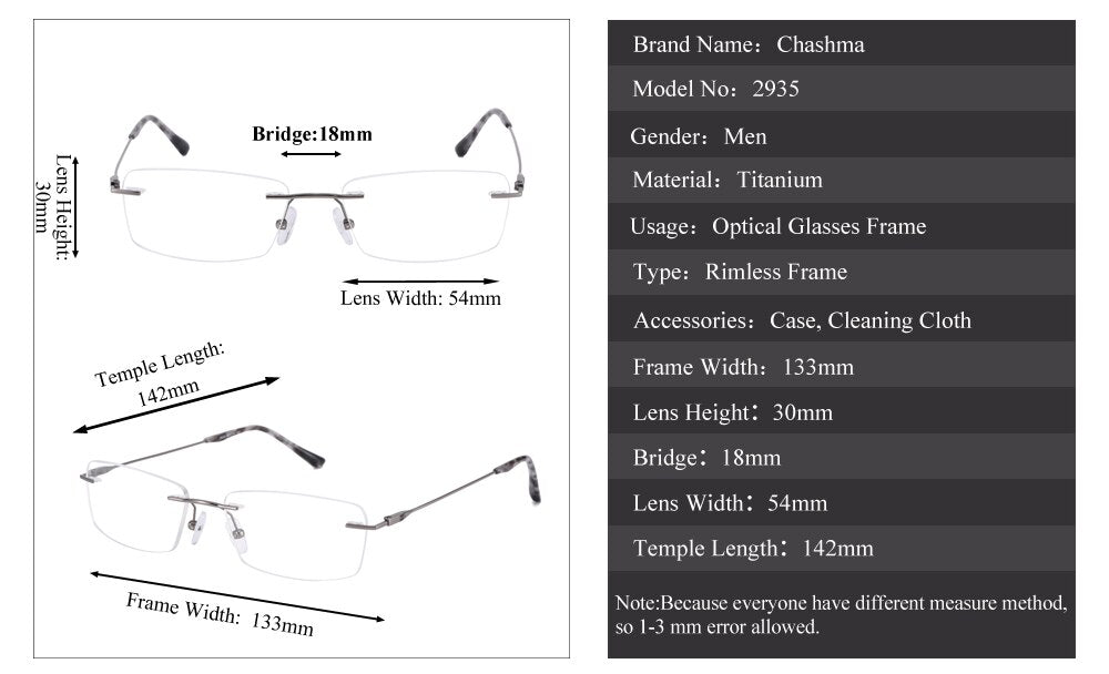 Chashma Ottica Unisex Rimless Square Titanium Eyeglasses 2935 Rimless Chashma Ottica